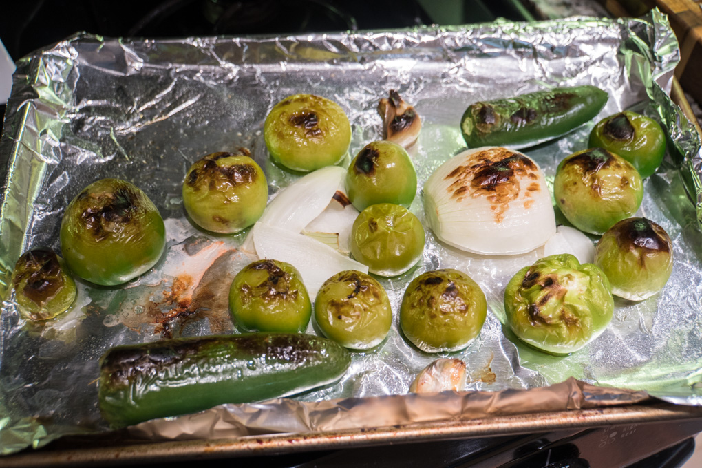 Roasted Tomatillo Salsa halfway broiled