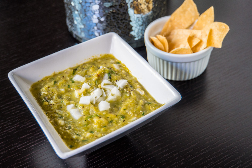 Roasted Tomatillo Salsa served - angle