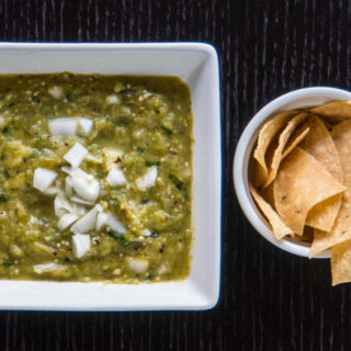 Roasted Tomatillo Salsa served - overhead