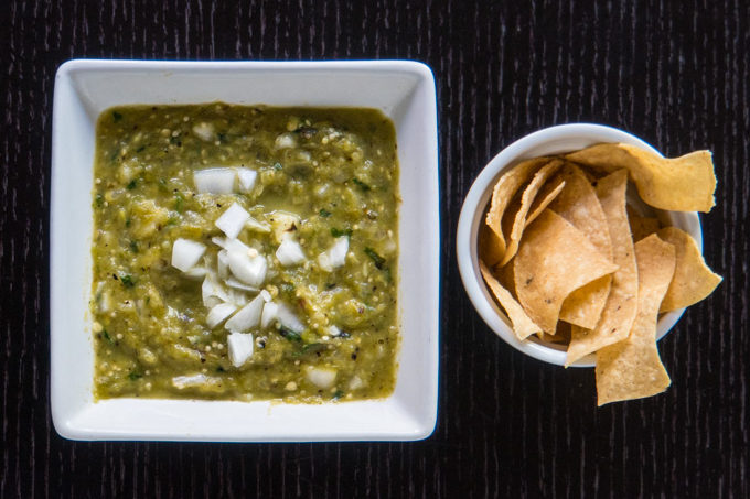 Roasted Tomatillo Salsa served - overhead