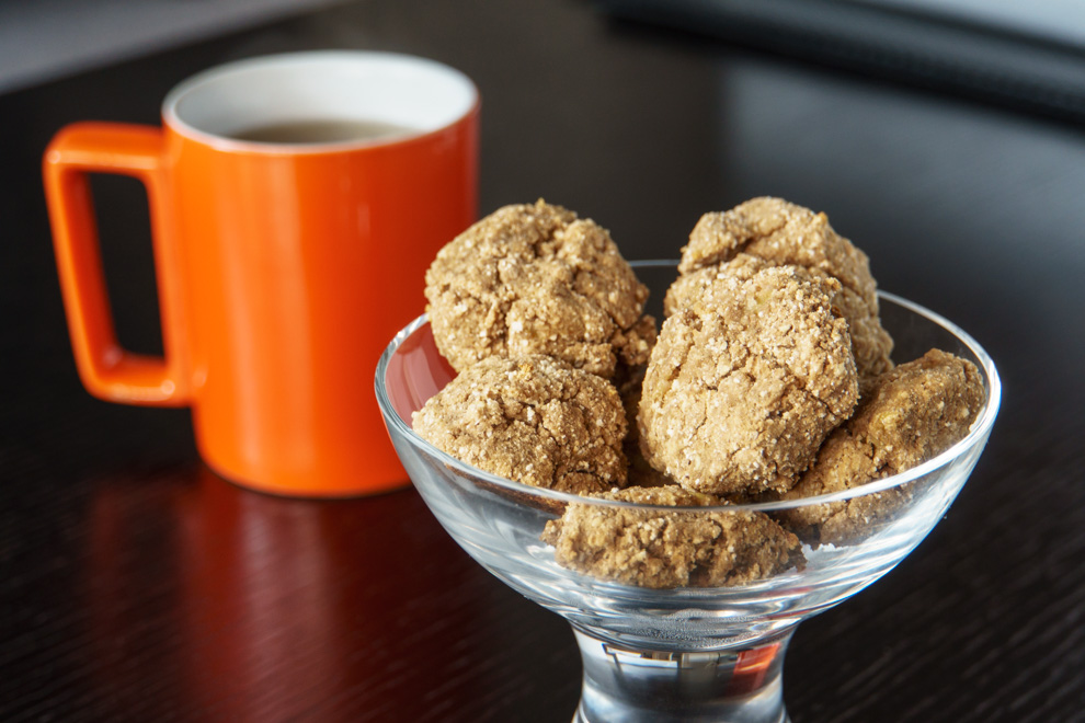 Chocolate Protein Cookies - in clear bowl with tea