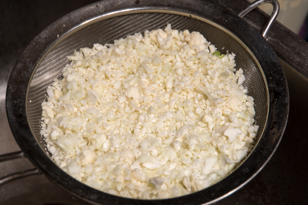 Easy Cauliflower Rice - strained in sink